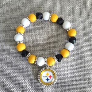 Handmade Pittsburgh Steelers Rhinestone Crystal Glass Bead Charm Bracelet